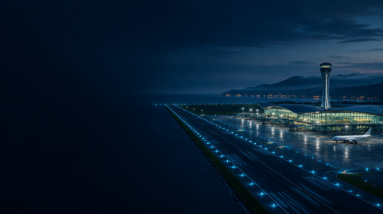 Vista nocturna de un aeropuerto con la pista iluminada